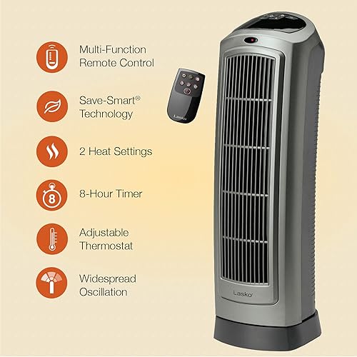 Lasko 5538 Ceramic Tower Heater with Remote Control, 8.5l x 7.25w x 23h