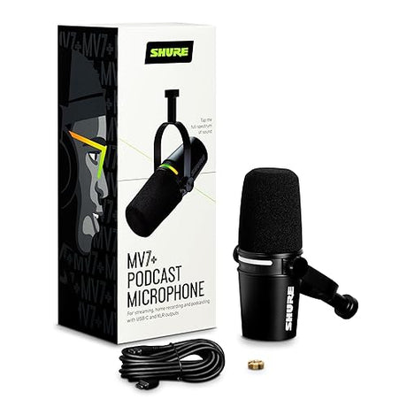 Shure MV7+ Podcast Dynamic Microphone. OBS Certified, Enhanced Audio, LED Touch Panel, USB-C & XLR Outputs, Auto Level Mode, Digital Pop Filter, Reverb Effects, Podcasting, Streaming, Recording -Black USB - Black