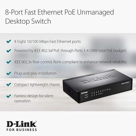 D-Link Fast Ethernet Switch, 8 Port Unmanaged w/ 4 PoE Ports (802.3AF) Desktop Network Internet 10/100 Plug n Play (DES-1008PA) 8-Port PoE Fast Ethernet