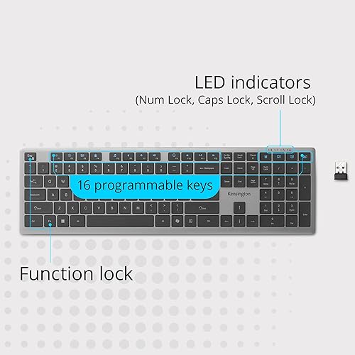 Kensington KB535 Wireless Keyboard, Bluetooth & 2.4GHz Connection, Full-Size Layout, Quiet Scissor-Switch Keys, Programmable, Copilot Hotkey, Compatible with Windows, Black (K75408NA) Full size Wireless