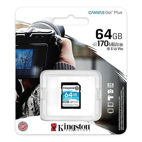 Kingston 64GB SDXC Canvas Go Plus 170MB/s Read UHS-I, C10, U3, V30 Memory Card (SDG3/64GB)