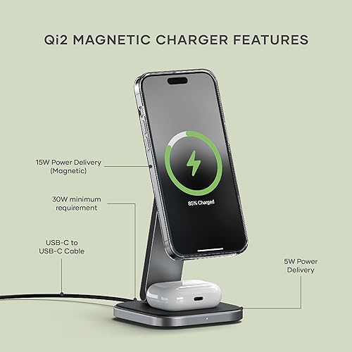 Satechi 2 in 1 Wireless Charger, Qi2 15W Dual Wireless Charger Stand, Magnetic, Foldable Travel Charger Station for iPhone 17 to 12 Series, and AirPods Pro 4/3/2 2 in 1 Space Gray