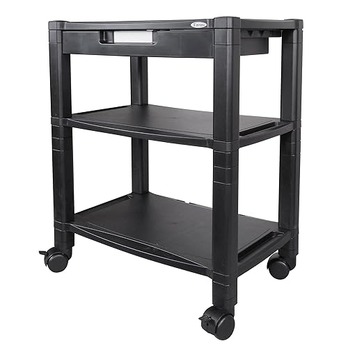 Kantek Height-Adjustable Deskside Printer Cart, Plastic, 3 Shelves, 1 Drawer, 60 lb Capacity, 20 x 13.25 x 24.5, Black Extra Wide 3-Shelf