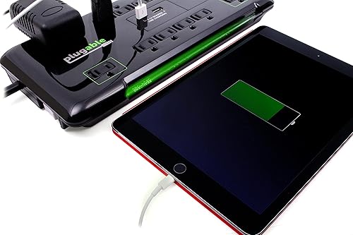 Plugable Surge Protector Power Strip with USB and 12 AC Outlets, Built-in 10.5W 2-Port USB Charger for Android, Apple iOS, and Windows Mobile Devices, 25 Foot Extension Cord 25ft Black
