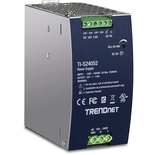 TRENDnet 240W 52V DC, 4.61A AC to DC DIN-Rail Industrial Power Supply, Built-in Power Factor Controller Function, Extreme Operating Temperature Range -25° – 70° C (-13° – 158° F), Silver, TI-S24052