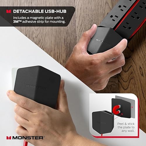 Monster Power Center Vertex Surge Protector with Detachable USB Power Strip, Surge Protector Power Strip - 6 AC Outlets, 2 USB-A Ports &1 USB-C Port