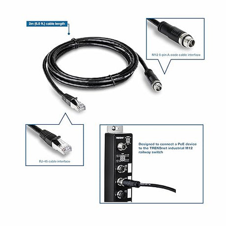 TRENDnet M12 to RJ-45 Industrial Ethernet Cable, 2m (6.5 ft.), TI-CD02, Designed to Connect a PoE Device to The TRENDnet Industrial M12 Railway Switch, Black