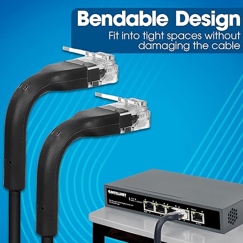 Intellinet FlexiBoot Slim Cat6 Ethernet Network Patch Cable – 10-Pack - 10Gbps & 250MHz, Flexible Bendable Boot, 32AWG Pure Bare Copper Wire, Gold-Plated Contacts - 14ft, Black 14 ft Flexible Boot 10 Pack Black