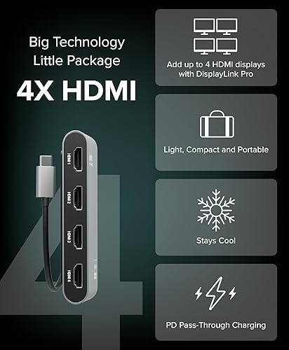 Plugable USB C to Quad HDMI 4K Adapter with 100W PD Pass-Though Power Delivery for Windows, Mac M1/M2/M3/M4, Thunderbolt, and USB-C Laptops | TAA, DisplayLink Pro, Driver Required (USBC-7400H4)