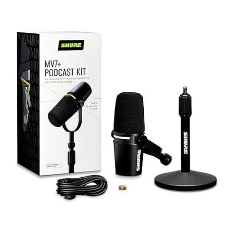 Shure MV7+ Podcast Dynamic Microphone with Stand – OBS Certified, Enhanced Audio, LED Panel, USB-C & XLR Outputs, Auto Level Mode, Digital Pop Filter – for Podcasting, Streaming, and Recording, Black Desk Stand