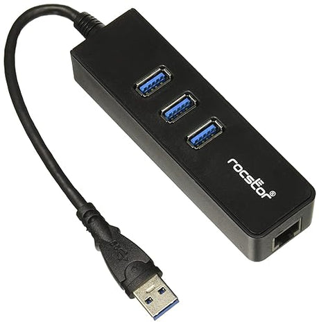 Rocstor Y10A179-B1 Premium 3 Port Portable USB 3.0 Hub with Gigabit Ethernet 10/100/1000– External Portable 3 Port USB Hub with GbE Adapter - Built-in Cable - USB, Black