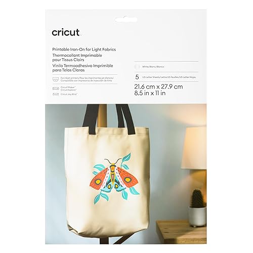 Cricut Printable Iron On for Light Fabrics - US Letter Size, (5ct), Printable HTV Vinyl for Inkjet Printer, Compatible with Cricut Maker, Expression, and Cricut Joy Xtra Machines