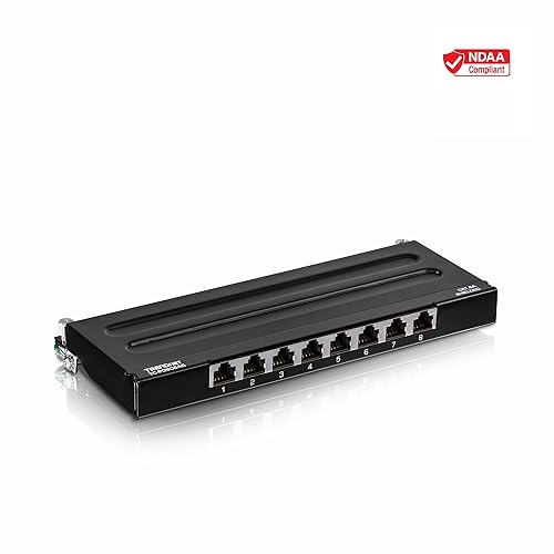 TRENDnet 8-Port Cat6A Shielded Patch Panel, Wall Mount Ready, 10G Ready, Cat5e,Cat6,Cat6A Compatible, Metal Housing, Color-Coded Labeling for T568A & T568B Wiring, Cable Management, Black, TC-P08C6AS 8 Port Cat6A