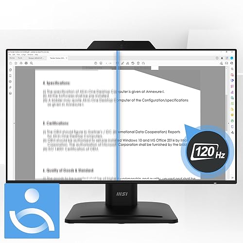 MSI PRO MP242PMG, 24-inch IPS 1920 x 1080 (FHD) Computer Monitor, 120Hz, Webcam, Adaptive-Synch, EPEAT Silver, HDMI, DisplayPort, VGA Port, VESA Mountable, Tilt, Height Adjustable, Speaker, 1ms, Black