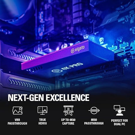 Elgato 4K Pro, Internal Capture Card: 8K60 Passthrough/4K60 HDR10 with Ultra-Low Latency on PS5|Pro, Xbox Series X|S, Nintendo Switch 2, for Streaming & Recording, Works with PC and Dual PC Setups