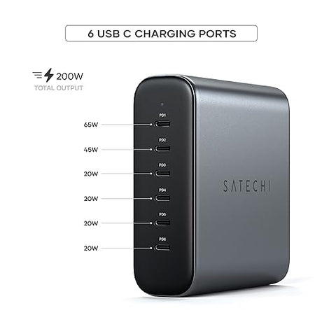 Satechi GaN 200W USB C Charger with 6 Ports - 2X USB-C PD 3.1 (140W) and 4X USB-C PD 3.0, Fast Charging Travel Station Compatible with Apple and Most Thunderbolt USB-C Devices
