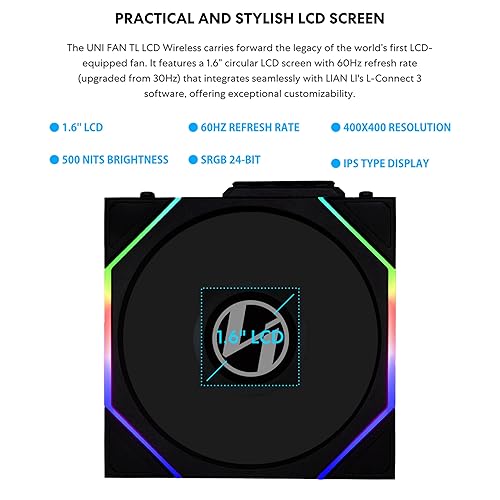 Lian Li UNI Fan TL - LCD Wireless 140 - Pack of 1 (Reverse Blade) - 2.4GHz Wireless Signal with ARGB Fan and Dual Zone Lighting Control - 140mm - Controller Not Included and Not Required LCD 140 Reverse Black