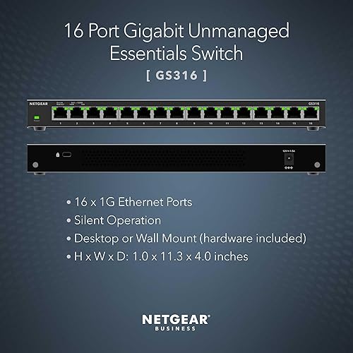 NETGEAR 16-Port Gigabit Ethernet Unmanaged Switch (GS316) - Desktop or Wall Mount, Silent Operation