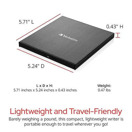 Verbatim Ultra HD 4K CD DVD Blu-ray Writer USB 3.2 GEN 1 USB-C Connectivity Slim Brushed Metal Enclosure Compatible with Mac and PC with Free 25GB Verbatim Blu-ray disc