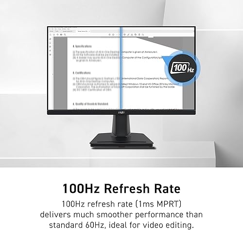 MSI PRO MP225V, 22-inch, 1920 x 1080 (FHD) Computer Monitor, 100Hz, Adaptive-Synch, HDMI, Video Port, Low Blue Light, Eye-Q Check, VESA Mountable, Tilt, 1ms, Black