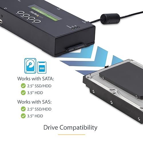 StarTech.com 1:1 Standalone Hard Drive Duplicator and Eraser, SAS and SATA HDD/SSD Cloner/Copier, Hard Drive Duplicator and Sanitizer, LCD Display, TAA Compliant (SATSASDUPE11) SATA/SAS