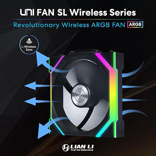 Lian Li UNI Fan SL-Wireless 120 -Single Pack (Reverse Blade) Performance ARGB Fan Without Wireless Connector, Daisy-Chain Design, Customizable Lighting Effects, Low-Noise - Black (12RSL1W1B)