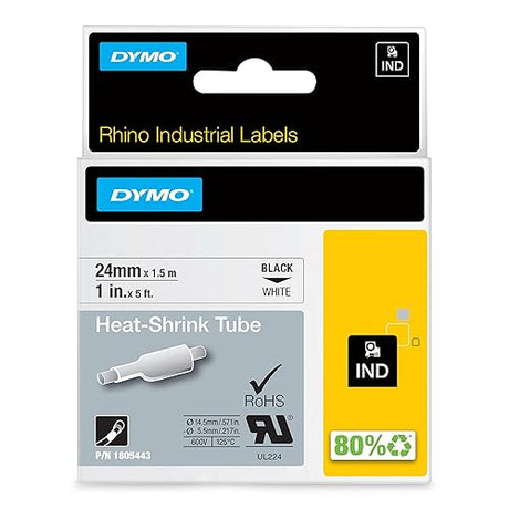 DYMO Rhino Industrial Heat-Shrink Labels, 1 Tube, Black Print on White