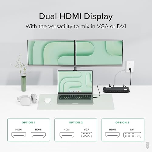 Plugable USB 3.0 Universal Docking Station for Windows, macOS, ChromeOS (Dual HDMI Monitors or DVI/VGA, Gigabit Ethernet, Audio, 6 USB Ports)