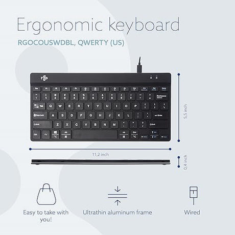 R-Go Tools Compact Slim Ergonomic Wired-USB-C Keyboard for PC/Computer/Desktop/Windows/Linux/Mac QWERTY (US), Break LED Function, Black (Black)