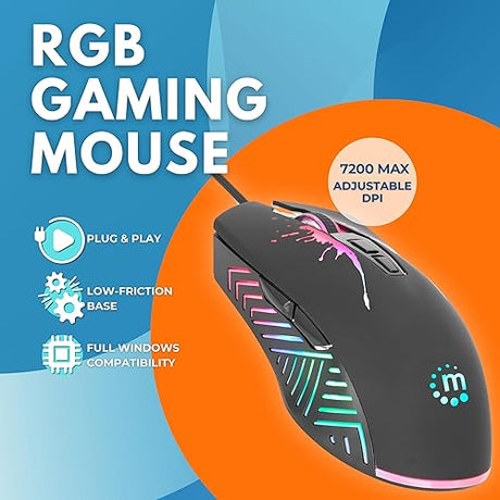 MANHATTAN RGB LED Wired Optical USB Gaming Mouse - 7200 DPI, Ergonomic Shape, 7 Buttons, Color-Changing LEDs, Low-Friction Base, Computer Mouse for Laptop, Extra-Long Braided Cable - 190121