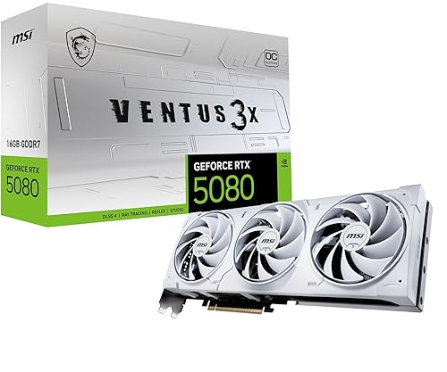 MSI Gaming RTX 5080 16G Ventus 3X OC White Graphics Card (16GB GDDR7, 256-bit, Extreme Clock TBD MHz, DisplayPort x 3 2.1a, HDMI 2.1b, NVIDIA Blackwell Architecture)