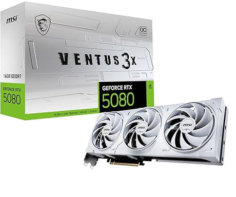 MSI Gaming RTX 5080 16G Ventus 3X OC White Graphics Card (16GB GDDR7, 256-bit, Extreme Clock TBD MHz, DisplayPort x 3 2.1a, HDMI 2.1b, NVIDIA Blackwell Architecture)