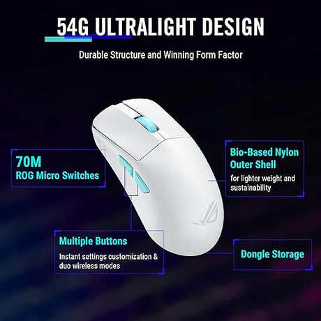 Asus ROG Harpe Ace Aim Lab Edition Wireless Gaming Mouse, 54 g Lightweight, 2.4GHz RF, Bluetooth, 36K DPI Sensor, 5 Buttons, ROG SpeedNova, ROG Omni Receiver, Esports & FPS Gaming, Moonlight White