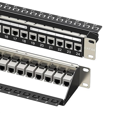 Cable Matters 1U 19-Inch 24-Port 10Gbps Cat6A Ethernet Patch Panel with Inline Keystone and Cable Management Bar, Rackmount or Wall Mount Network Patch Panel / RJ45 Patch Panel