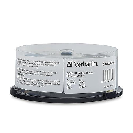 Verbatim Corporation 25pk Bd-r Dl 50gb 6x Spindle Dl+ White Inkjet Hub Printable
