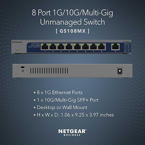 NETGEAR 8-Port 1G/10G Multi-Gigabit Ethernet Unmanaged Switch (GS108MX) - with 1 x 10G/Multi-gig SFP+, Desktop or Rackmount, and Limited Lifetime Protection