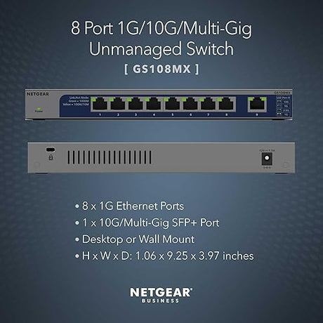 NETGEAR 8-Port 1G/10G Multi-Gigabit Ethernet Unmanaged Switch (GS108MX) - with 1 x 10G/Multi-gig SFP+, Desktop or Rackmount, and Limited Lifetime Protection