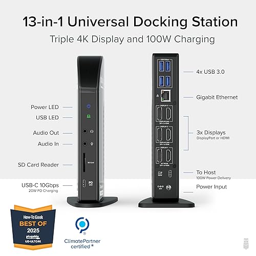 Plugable 13-in-1 USB C Docking Station 4K Triple Monitor with 100W Power Delivery | USB C Dock for Windows, Mac, ChromeOS, Thunderbolt | Driver Required | 3X HDMI and 3X DisplayPort (UD-ULTC4K)