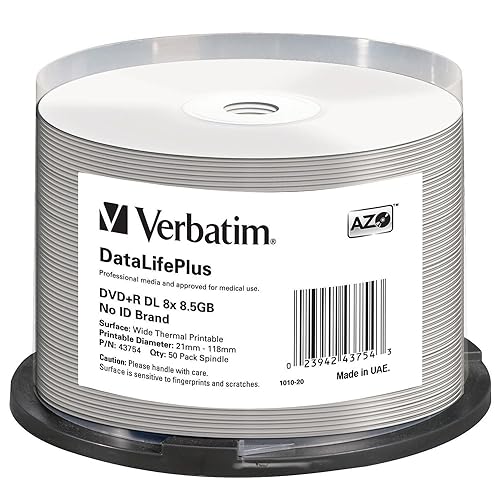 Verbatim Corporation 50pk Dvd+r Dl 8x 8.5gb White Wide Thermal Printable Spindle