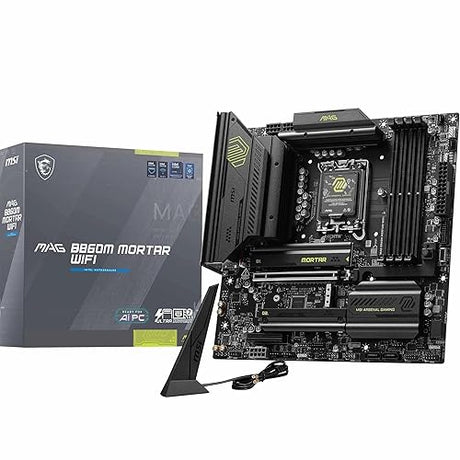 MSI MAG B860M Mortar WiFi Gaming Motherboard (Supports Core Ultra Series 2 Intel Processors, LGA 1851, DDR5, PCIe 5.0, M.2, SATA, 5Gbps LAN, USB Type-C, Wi-Fi 7, Bluetooth 5.4, Thunderbolt 4, mATX)