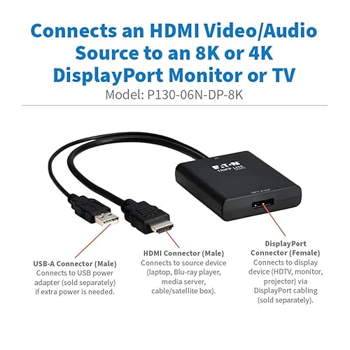 Tripp Lite 8K Male-to-Female HDMI to DisplayPort Adapter Video Converter, Active Converter, 8K@30Hz, 1-Foot Cable, 7.1 Channel Audio, No Software Needed, 3-Year Warranty (P130-06N-DP-8K)