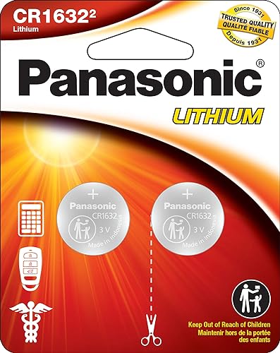 Panasonic CR1632 3.0 Volt Long Lasting Lithium Coin Cell Batteries in Child Resistant, Standards Based Packaging, 2-Battery Pack