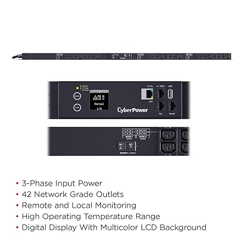 CyberPower PDU33108 Monitored 3 Phase PDU, 200-240V, 30A, 42 Outlets, 0U Rackmount