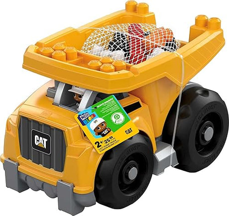 MEGA Bloks Cat Fisher-Price Toddler Blocks Building Toy, Large Dump Truck with 25 Pieces, 1 Figure, Yellow, Gift Ideas for Kids