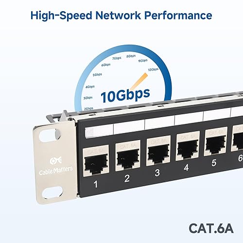 Cable Matters 1U 19-Inch 24-Port 10Gbps Cat6A Ethernet Patch Panel with Inline Keystone and Cable Management Bar, Rackmount or Wall Mount Network Patch Panel / RJ45 Patch Panel
