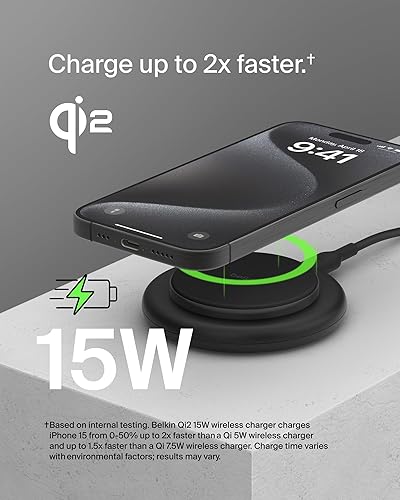 Belkin Magnetic Wireless Charging Pad 15W - MagSafe-Compatible Qi2-Certified Wireless iPhone Charger for Apple iPhone 16, 15, 14 Series, AirPods w/Non-Slip Base, Power Supply Included - Black