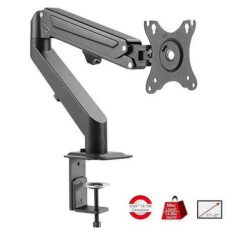 SIIG Single Monitor Desk Mount, 17" to 27", C-Clamp Base, Premium Gas Spring, Fits Flat/Curved Monitor, Fully Adjustable, Load Bearing 14.3 lbs max, VESA 75x75 100x100 (CE-MT3311-S1)