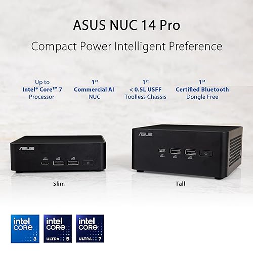 ASUS NUC 14 Pro Tall Barebone with Intel 14th Generation Core 3 100U, Up to 96GB DDR5 RAM, Triple Storage Design, Thunderbolt™ 4, Wi-Fi 6E and Bluetooth 5.3, Tool-less Chassis Access, with Core 3 Tall|Barebones