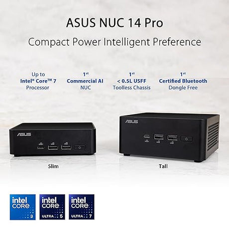 ASUS NUC 14 Pro Tall Barebone with Intel 14th Generation Core 3 100U, Up to 96GB DDR5 RAM, Triple Storage Design, Thunderbolt™ 4, Wi-Fi 6E and Bluetooth 5.3, Tool-less Chassis Access, with Core 3 Tall|Barebones