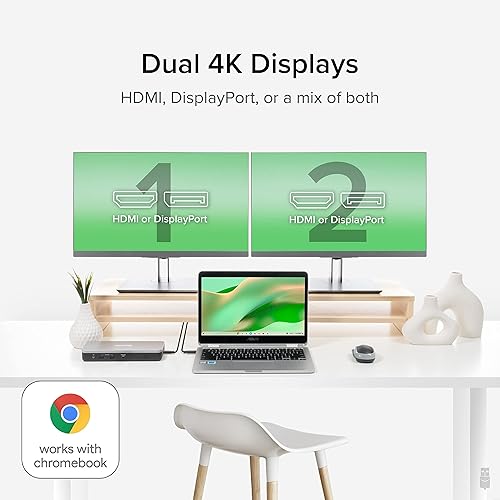 Plugable 12-in-1 Dual 4K USB C Docking Station, Works with Chromebook Certified, 60W Charging Dock, Compatible with ChromeOS and Windows, 2X HDMI, 2X DisplayPort, 1x Ethernet, 1x USB-C, 6X USB, Audio